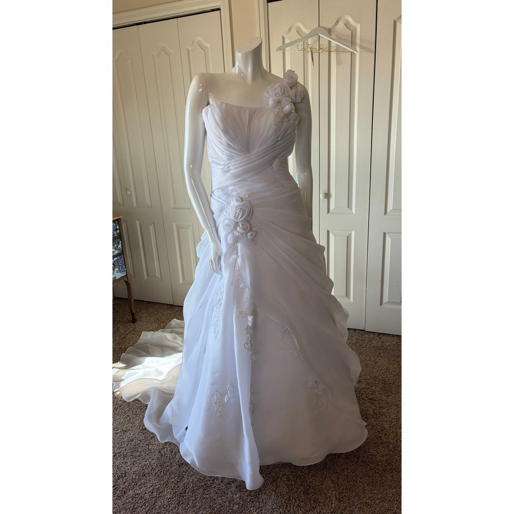 Impression Bridal sz6 Wht Shoulder Floral Lace Ruched Wedding Dress Gown Size 6